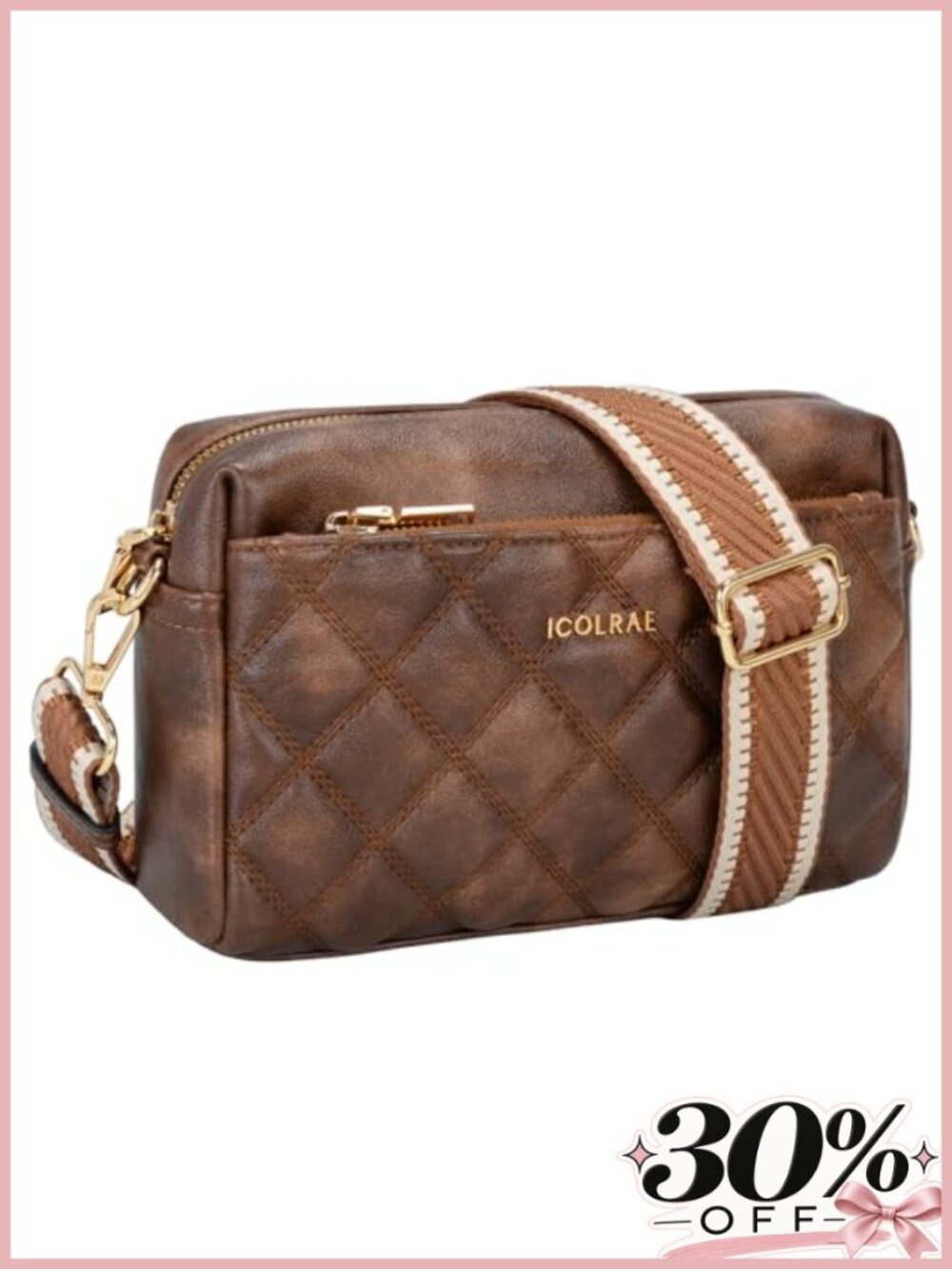Quilted Vegan Leather Small Crossbody Purse Triple Zip Wide Strap